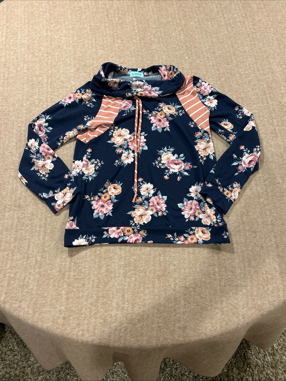 P.S. Kate Navy Floral Pullover with Coral Stripe Accents